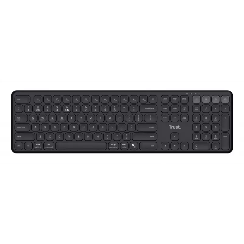 TRUST Vaiya Universal-Tastatur, USB, RF Wireless, Bluetooth – Full-Size, US-Englisch, USB-C-Ladung, Scherentasten, Ziffernblock, Schwarz