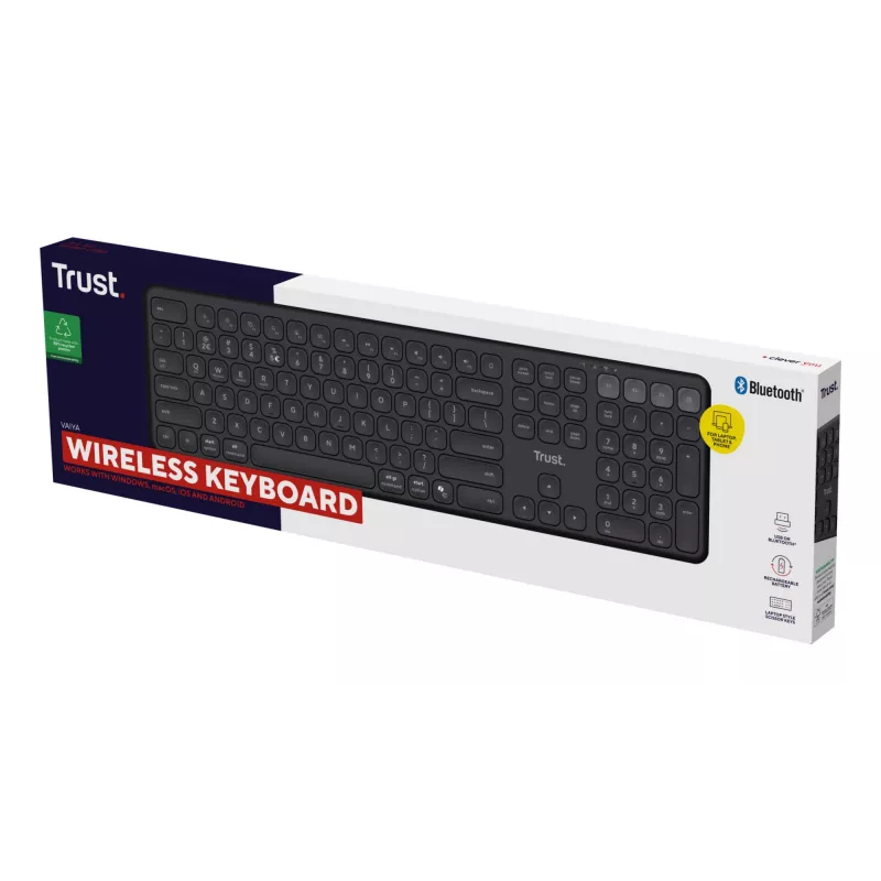 TRUST Vaiya Universal-Tastatur, USB, RF Wireless, Bluetooth – Full-Size, US-Englisch, USB-C-Ladung, Scherentasten, Ziffernblock, Schwarz