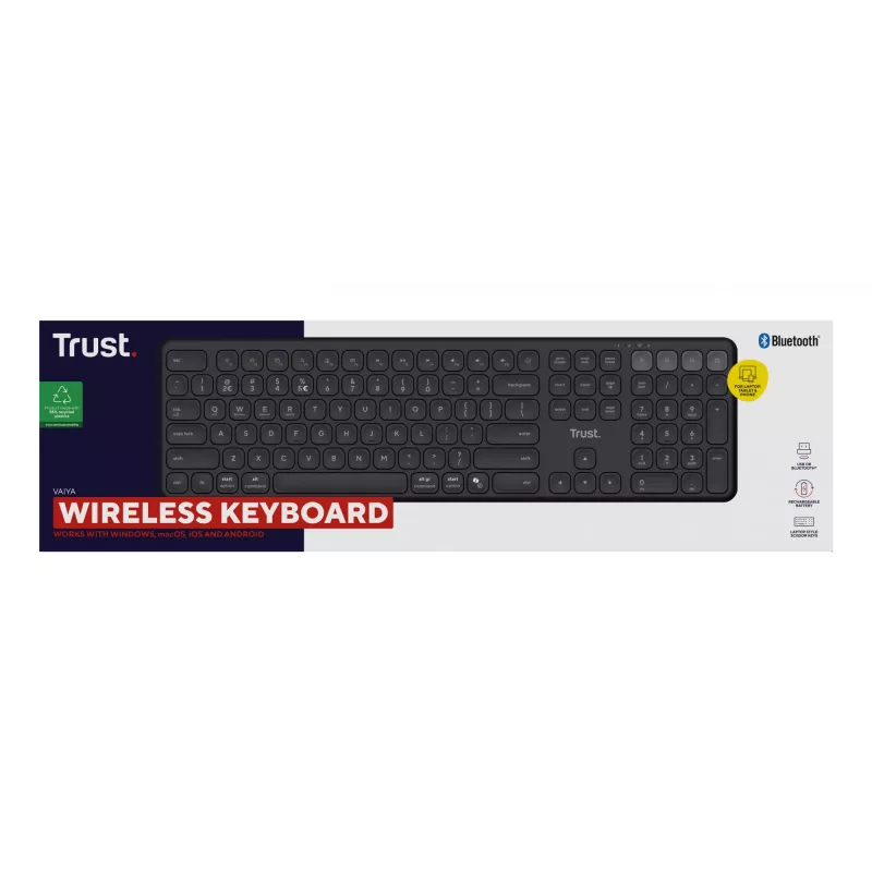 TRUST Vaiya Universal-Tastatur, USB, RF Wireless, Bluetooth – Full-Size, US-Englisch, USB-C-Ladung, Scherentasten, Ziffernblock, Schwarz