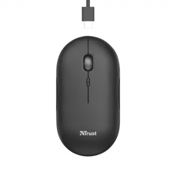 Trust Puck Wiederaufladbare Drahtlose Ultraflache Maus, Beidhändig, Optisch, RF Wireless + Bluetooth, 1600 DPI, Schwarz