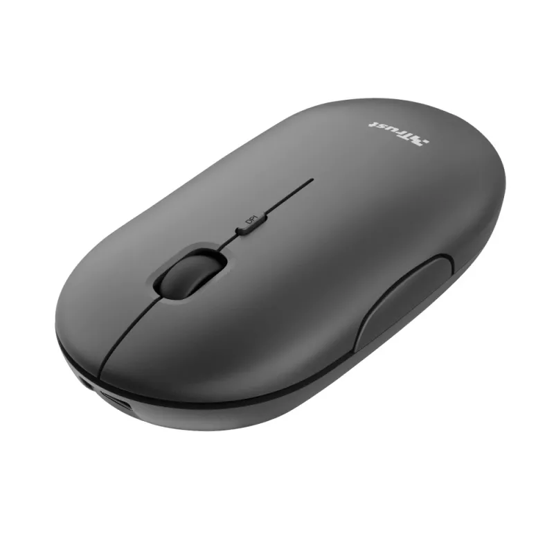 Trust Puck Wiederaufladbare Drahtlose Ultraflache Maus, Beidhändig, Optisch, RF Wireless + Bluetooth, 1600 DPI, Schwarz