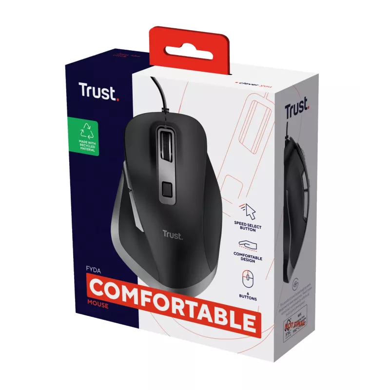 Trust Fyda Kabelmaus, Rechtshänder, Optisch, USB Typ-A, 5000 dpi, Schwarz