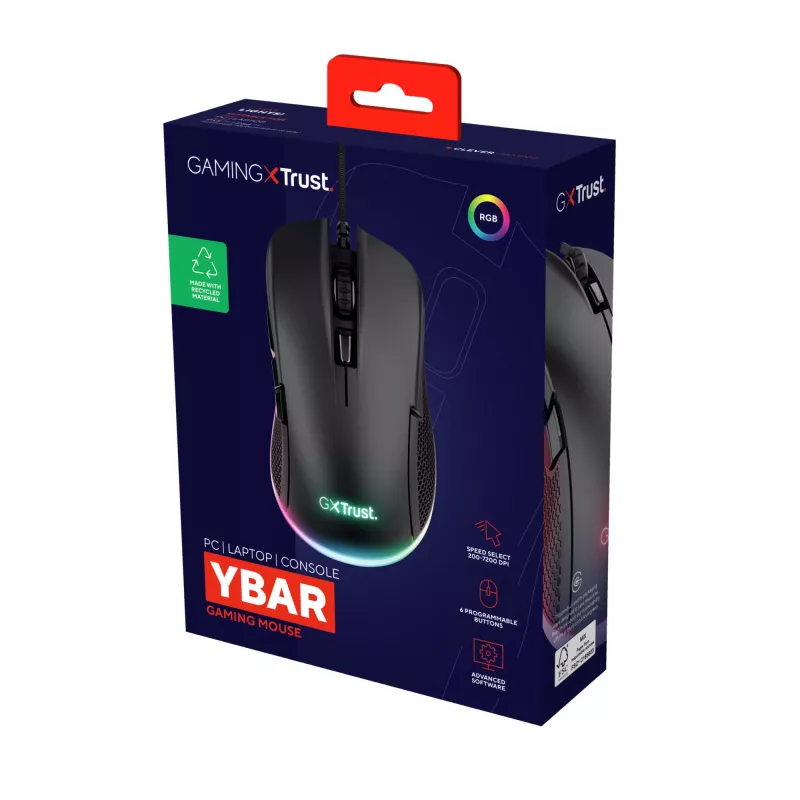 Trust GXT 922 YBAR Gaming-Maus für Rechtshänder, USB Type-A, optisch, 7200 DPI