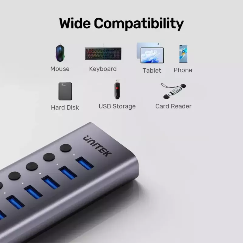 USB Type-C Hub Unitek H1314A01-EU — 7× USB 3.2 Gen1 Type-A, SD-Kartenleser, Gigabit Ethernet, 4K@60Hz, 100W PD, Aluminium, grau
