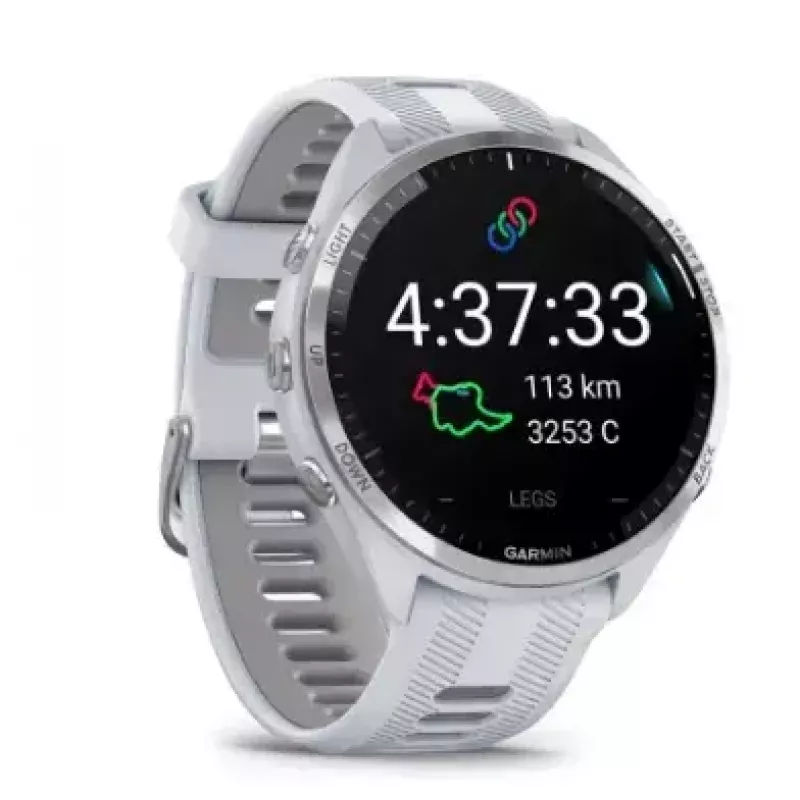 Smartwatch GARMIN Forerunner 965 — 47 mm Titangehäuse, 1,4 Zoll AMOLED, 32 GB, 23 Tage Akku, GPS/GLONASS/Galileo, weißes Silikonarmband