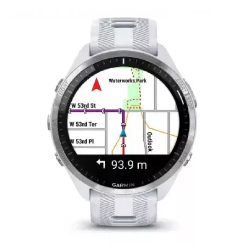 Smartwatch GARMIN Forerunner 965 — 47 mm Titangehäuse, 1,4 Zoll AMOLED, 32 GB, 23 Tage Akku, GPS/GLONASS/Galileo, weißes Silikonarmband