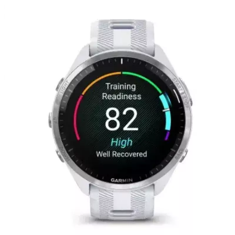 Smartwatch GARMIN Forerunner 965 — 47 mm Titangehäuse, 1,4 Zoll AMOLED, 32 GB, 23 Tage Akku, GPS/GLONASS/Galileo, weißes Silikonarmband