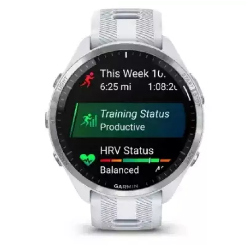 Smartwatch GARMIN Forerunner 965 — 47 mm Titangehäuse, 1,4 Zoll AMOLED, 32 GB, 23 Tage Akku, GPS/GLONASS/Galileo, weißes Silikonarmband