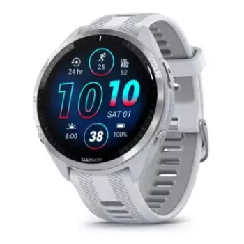 Smartwatch GARMIN Forerunner 965 — 47 mm Titangehäuse, 1,4 Zoll AMOLED, 32 GB, 23 Tage Akku, GPS/GLONASS/Galileo, weißes Silikonarmband