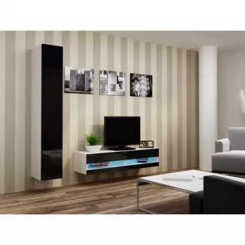 TV-Unterschrank Cama Meble VIGO NEW 30/140/40 – 1400×400×300 mm, weiße Oberseite, Spanplatte, weißer Rahmen, weiß/schwarz glänzend
