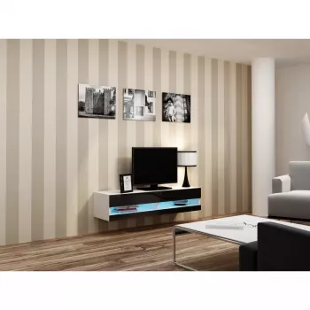 TV-Unterschrank Cama Meble VIGO NEW 30/140/40 – 1400×400×300 mm, weiße Oberseite, Spanplatte, weißer Rahmen, weiß/schwarz glänzend