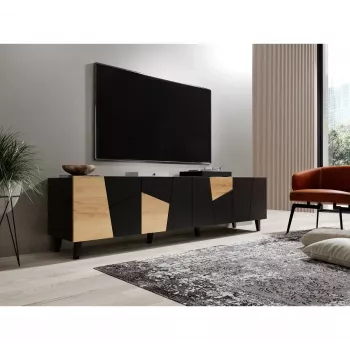 TV-Schrank cama meble ETNA 200×42×52 cm, schwarze Matt-Oberplatte, Eichenholz-Rahmen