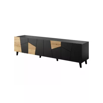 TV-Schrank cama meble ETNA 200×42×52 cm, schwarze Matt-Oberplatte, Eichenholz-Rahmen