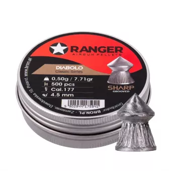 Luftgewehr-Diabolo RANGER CLAS03.45.500 — 4,5 mm Diabolo, spitze Rillenspitze, 500 Stück im Aluminium-Spender
