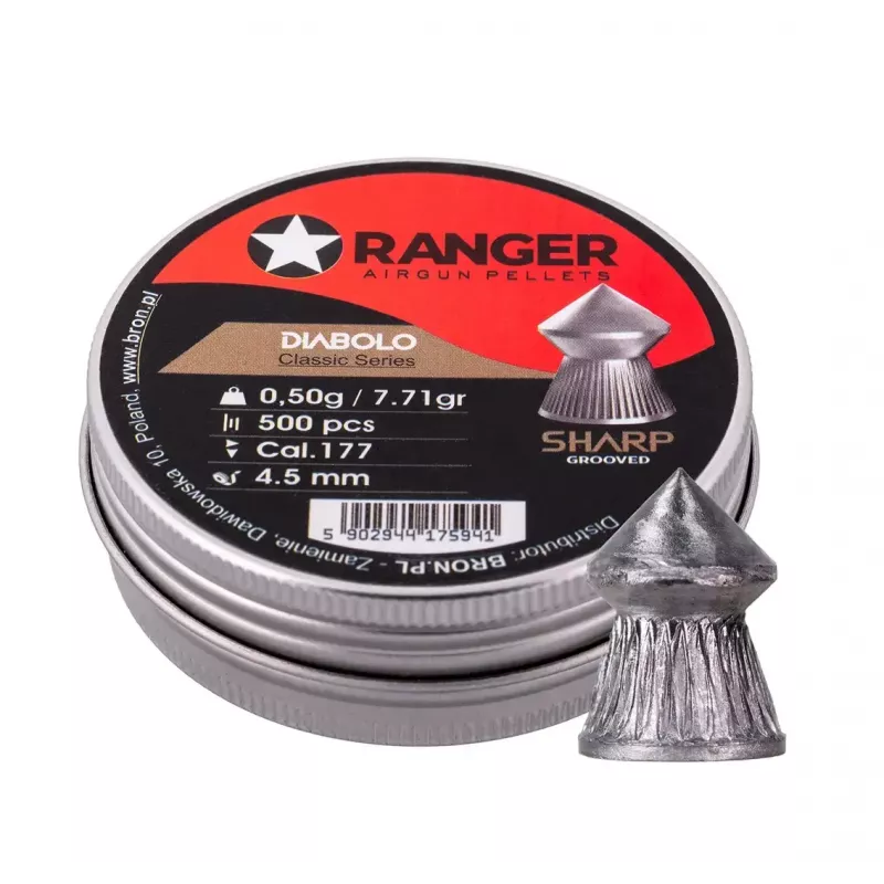 Luftgewehr-Diabolo RANGER CLAS03.45.500 — 4,5 mm Diabolo, spitze Rillenspitze, 500 Stück im Aluminium-Spender