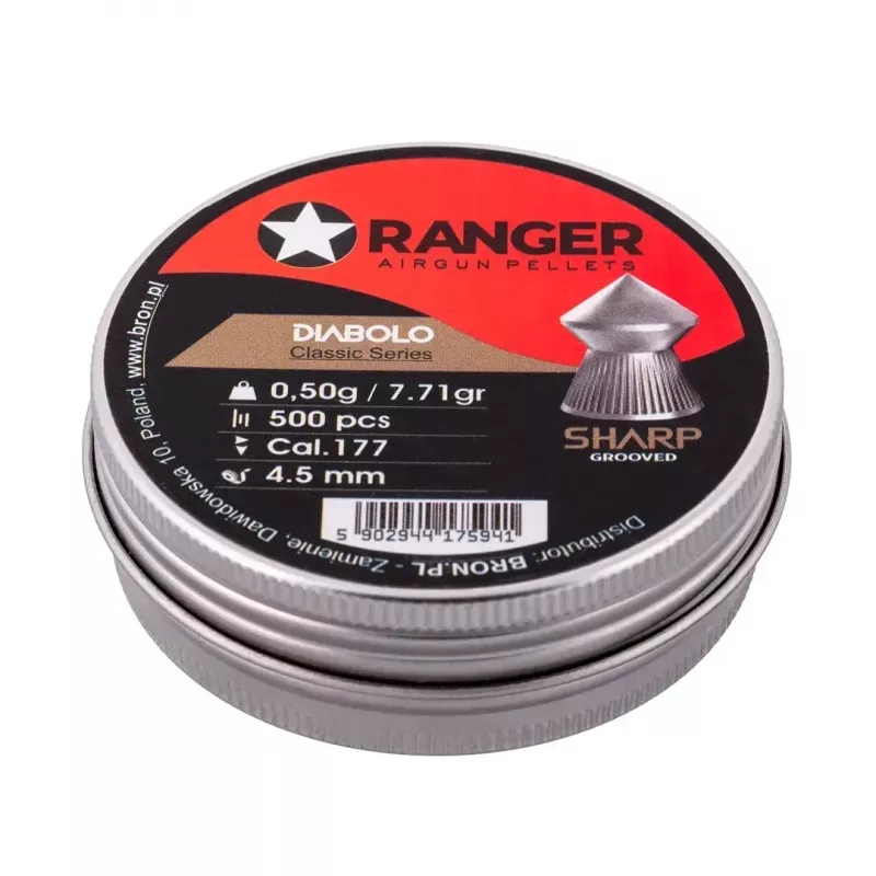 Luftgewehr-Diabolo RANGER CLAS03.45.500 — 4,5 mm Diabolo, spitze Rillenspitze, 500 Stück im Aluminium-Spender
