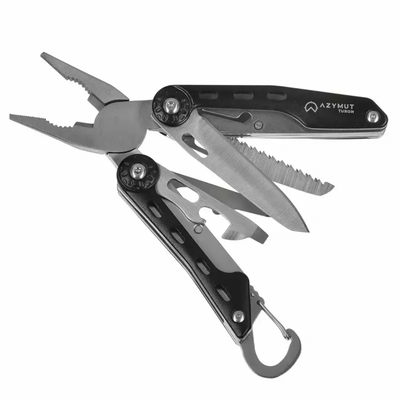 Multitool AZYMUT Turon 10-tools carabiner H-P224108 — Edelstahl 420, 10 Funktionen, gefaltet 11 cm, Gewicht 224 g, Lederholster