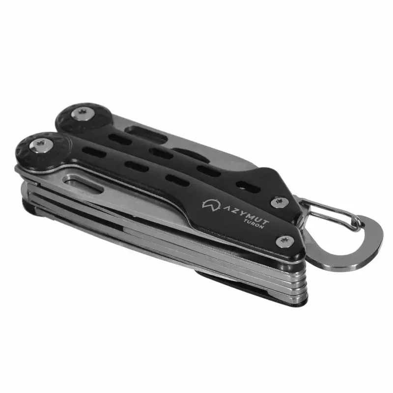 Multitool AZYMUT Turon 10-tools carabiner H-P224108 — Edelstahl 420, 10 Funktionen, gefaltet 11 cm, Gewicht 224 g, Lederholster