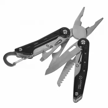 Multitool AZYMUT Turon 10-tools carabiner H-P224108 — Edelstahl 420, 10 Funktionen, gefaltet 11 cm, Gewicht 224 g, Lederholster