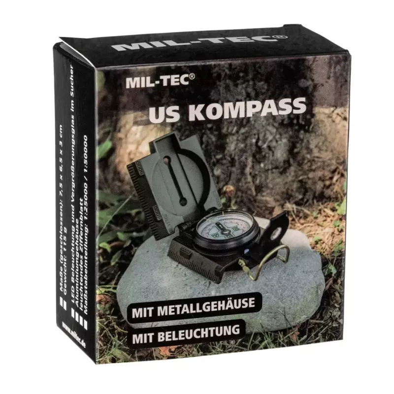 Magnetischer Navigationskompass Mil‑Tec Mil‑Tec US mit Beleuchtung, Aluminiumgehäuse, Maßstäbe 1:50k & 1:25k, oliv