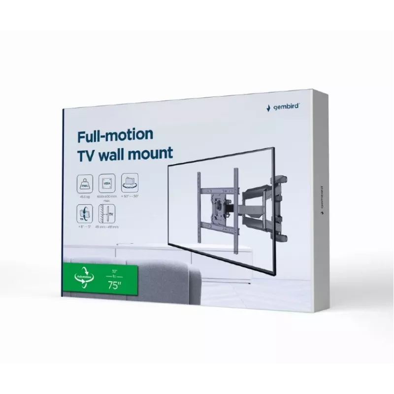 TV-Wandhalterung Gembird WM-75ST-01 für 32–75 Zoll Bildschirme, VESA 600x400, 45,5 kg, verstellbarer Wandabstand 4,9–49,1 cm, neigbar -5°–8°