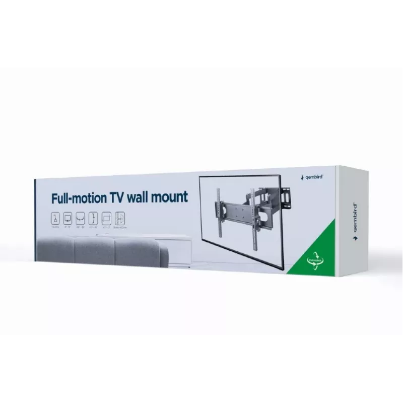 Wall TV mount GEMBIRD WM-70ST-01 for 37 inch–70 inch screens, tilt 0° to -20°, swivel ±60°, VESA 200×200–600×400, max 35 kg, Schwarz
