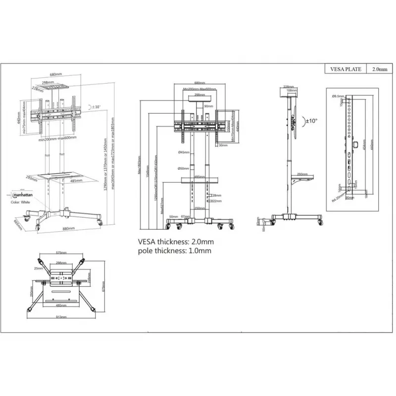 Mobiler TV- und Monitor-Montagetrolley-Ständer MANHATTAN 461238, mobil, schwarz, Höhe 1803 mm, VESA 200x200–600x400, max. 50 kg