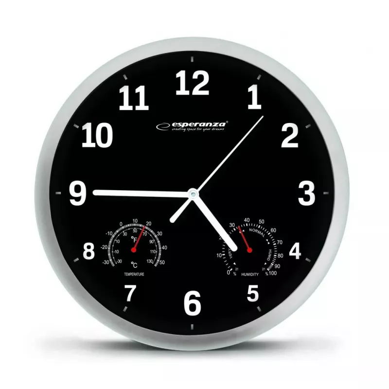 Wanduhr ESPERANZA EHC016K Lyon Schwarz, 25 cm Durchmesser, leises Uhrwerk, Glasabdeckung, Kunststoffrahmen