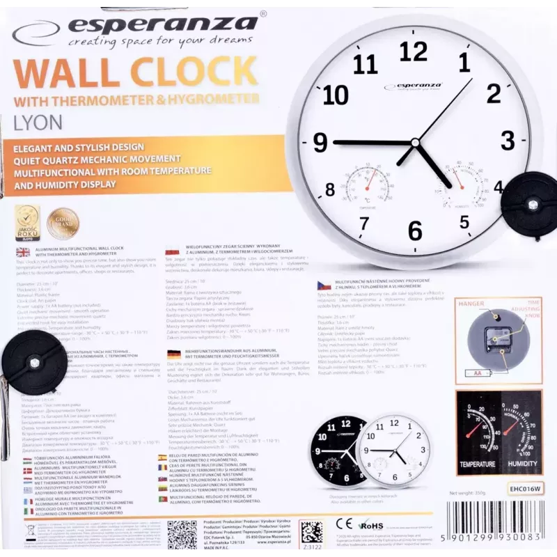 Wanduhr ESPERANZA EHC016K Lyon Schwarz, 25 cm Durchmesser, leises Uhrwerk, Glasabdeckung, Kunststoffrahmen