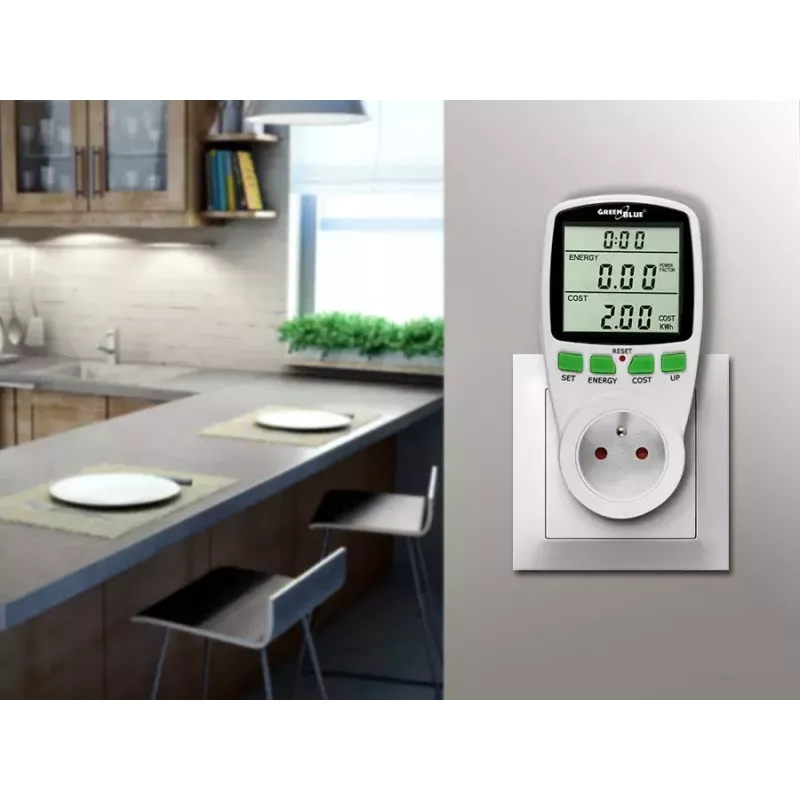 Wattmeter GreenBlue GB202 Leistungsmesser 0–9999 W, 3600 W max, 220–240 V, 16 A, LCD-Anzeige