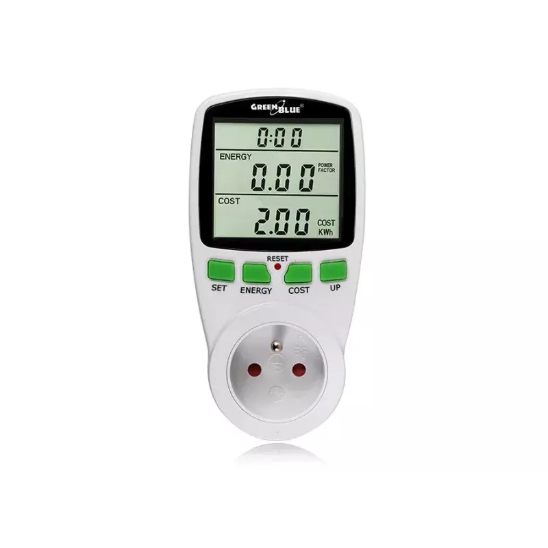 Wattmeter GreenBlue GB202 Leistungsmesser 0–9999 W, 3600 W max, 220–240 V, 16 A, LCD-Anzeige