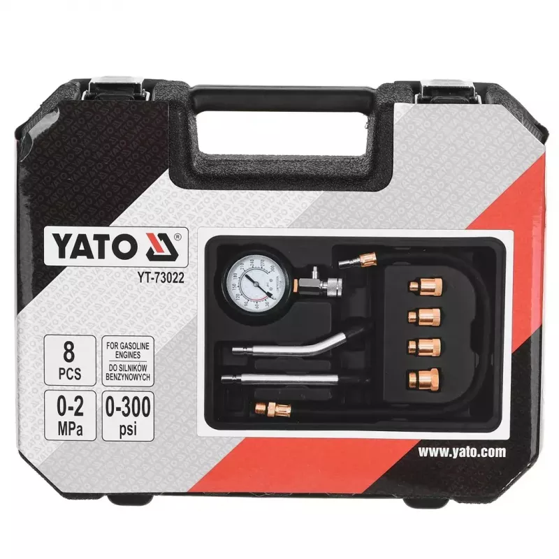 Analoges Manometer YATO YT-73022 0–20 bar, 75 mm Zifferblatt, Kohlenstoffstahl, 0,5 m Schlauch, 4 Messingadapter, Tragekoffer