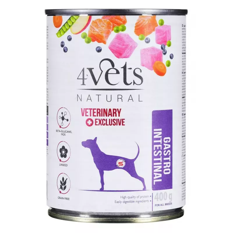 Nassfutter für Hunde 4vets Natural Gastro Intestinal 400 g — therapeutische Nassdiät zur Unterstützung der Verdauung, Truthahn, 7,5 % Protein, 5,5 % Fett, gluten- und laktosefrei