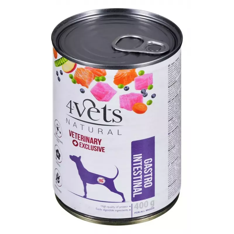 Nassfutter für Hunde 4vets Natural Gastro Intestinal 400 g — therapeutische Nassdiät zur Unterstützung der Verdauung, Truthahn, 7,5 % Protein, 5,5 % Fett, gluten- und laktosefrei