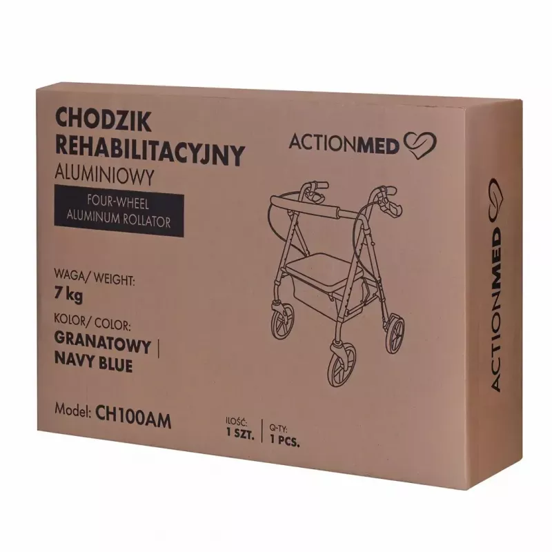 Rehabilitations-Rollator ActionMed CH100AM — leichter Aluminium-4-Rad-Rollator, höhenverstellbar 700–937 mm, Sitzfläche 35×32 cm, max. Belastung 136 kg, klappbar