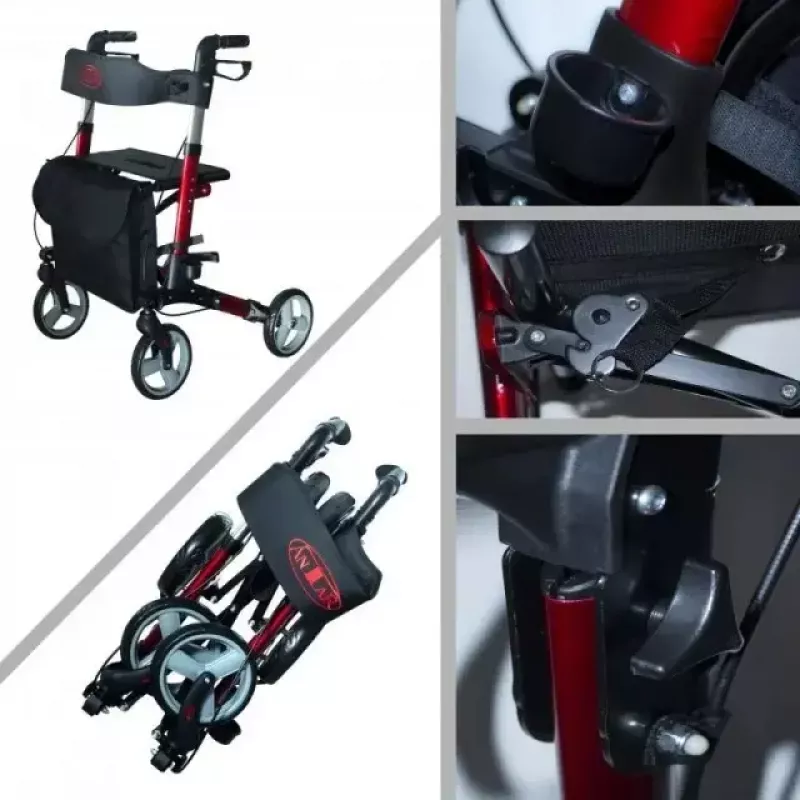 Vierrädrige Aluminium-Gehhilfe ANTAR AT51006, faltbar, höhenverstellbar, 20 cm Räder, max. Belastung 136 kg, Sitz 25×46 cm, Gewicht 7,35 kg