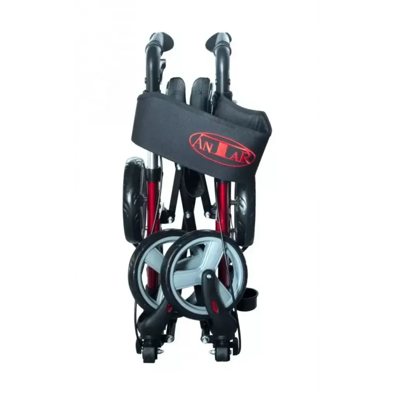 Vierrädrige Aluminium-Gehhilfe ANTAR AT51006, faltbar, höhenverstellbar, 20 cm Räder, max. Belastung 136 kg, Sitz 25×46 cm, Gewicht 7,35 kg