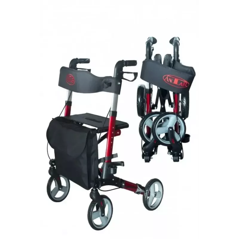 Vierrädrige Aluminium-Gehhilfe ANTAR AT51006, faltbar, höhenverstellbar, 20 cm Räder, max. Belastung 136 kg, Sitz 25×46 cm, Gewicht 7,35 kg