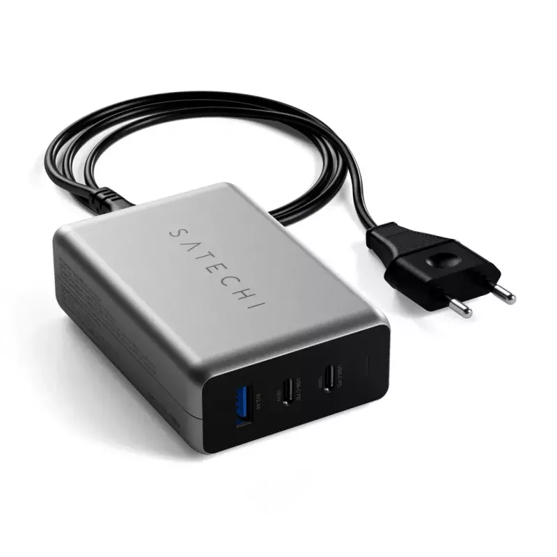 Mobiles Ladegerät Satechi ST-TC100GM-EU, 100 W, 2× USB-C, AC-Eingang 100–240 V, grau