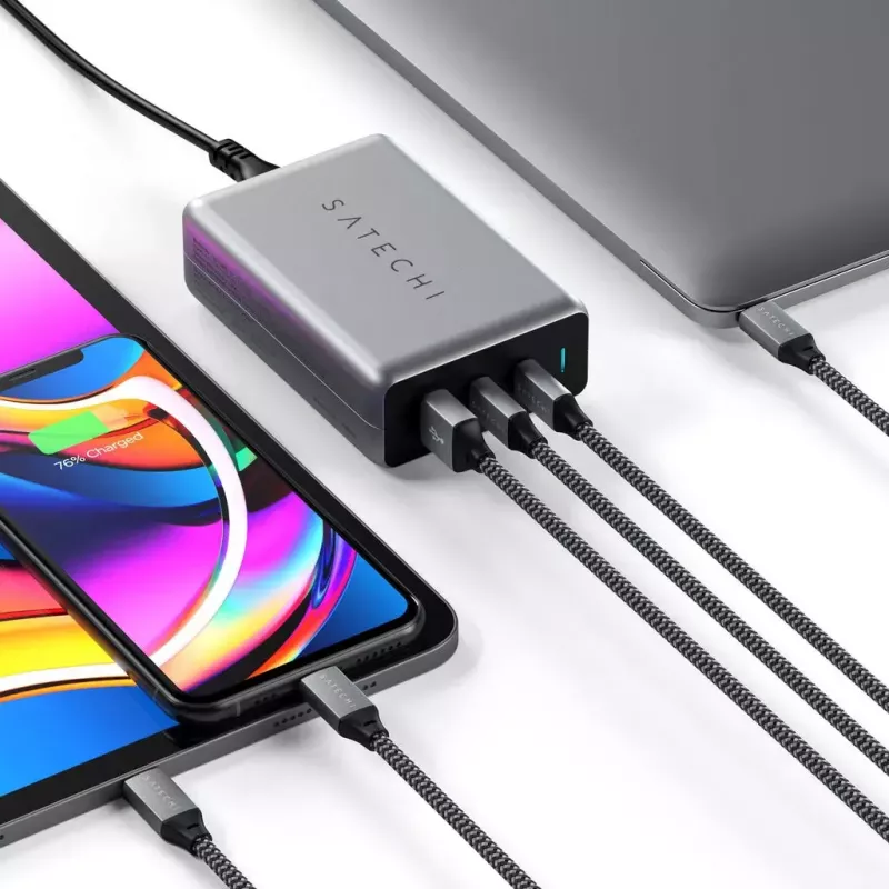 Mobiles Ladegerät Satechi ST-TC100GM-EU, 100 W, 2× USB-C, AC-Eingang 100–240 V, grau