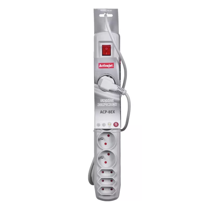 Steckdosenleiste ActiveJet APN-8G/5M-GR — 8 AC-Steckdosen (Typ E/C), 5 m Kabel, 10 A, 230 V, grau