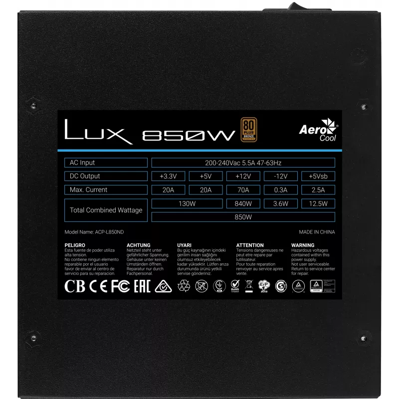 Aerocool LUX850 PC-Netzteil 850W 80 Plus Bronze 230V 88% Effizienz schwarz