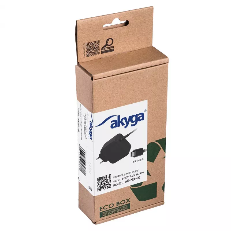 Netzteil Akyga AK-ND-60, universal 45 W, Eingang 100–250 V, schwarz, 0,183 kg