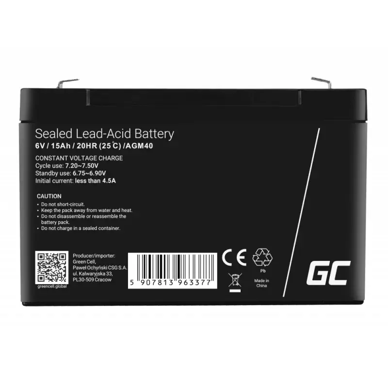 UPS-Batterie Grün Cell AGM40 — VRLA AGM 6V 14Ah, verschlossenes Blei-Säure, 94×50×151 mm, 1,8 kg