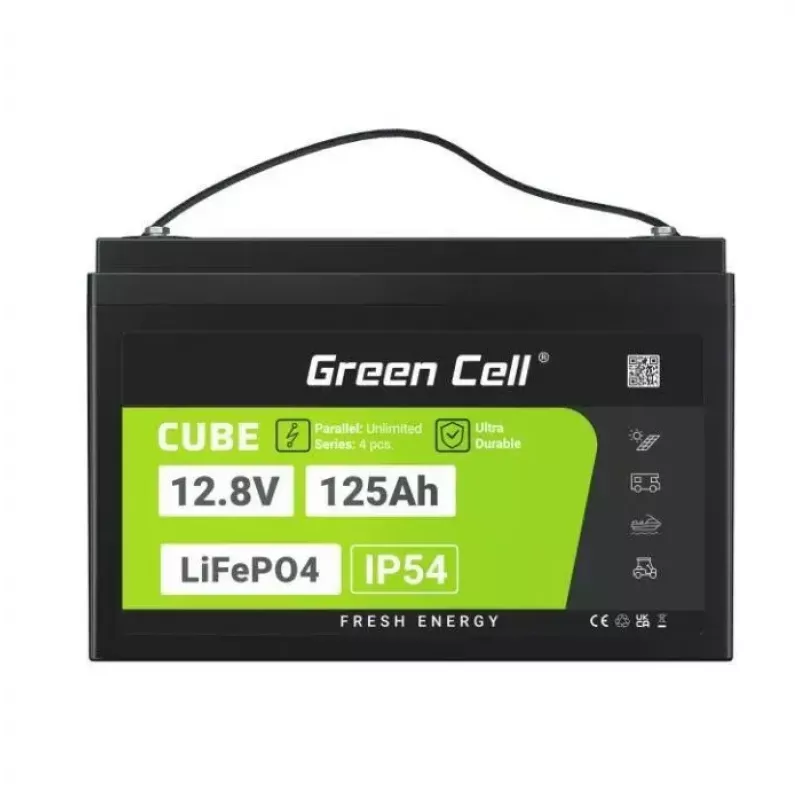 LiFePO4-Akku Grün Cell 12,8 V 125 Ah – 125 Ah, 12,8 V, 150 A max. Entladestrom, 13,5 kg, 340 × 180 × 225 mm