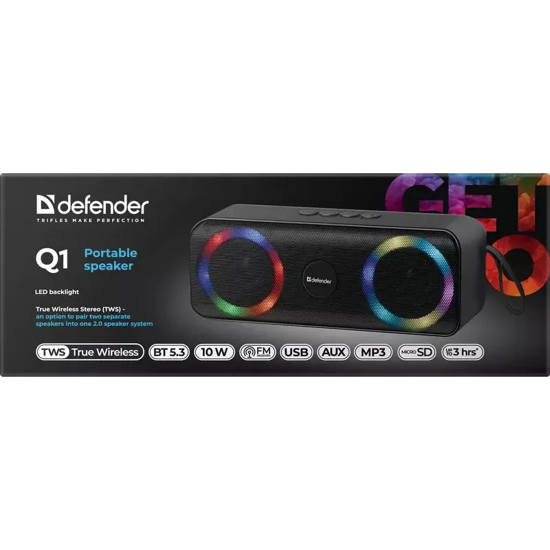 Tragbarer Bluetooth-Mono-Lautsprecher DEFENDER Q1 Schwarz, 10 W RMS, 1200 mAh, Bluetooth 5.0, MicroSD, FM, AUX, USB