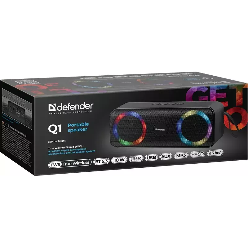 Tragbarer Bluetooth-Mono-Lautsprecher DEFENDER Q1 Schwarz, 10 W RMS, 1200 mAh, Bluetooth 5.0, MicroSD, FM, AUX, USB