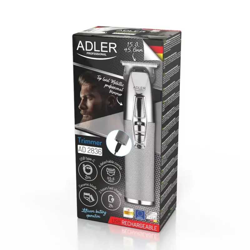 Barttrimmer Adler AD 2836S, kabelloser Lithium-Akku, 0,9–6 mm, 4 Längenstufen, Edelstahlklingen, silber