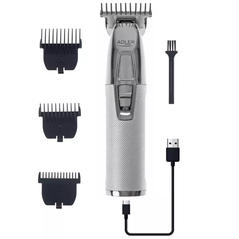 Barttrimmer Adler AD 2836S, kabelloser Lithium-Akku, 0,9–6 mm, 4 Längenstufen, Edelstahlklingen, silber