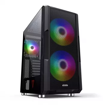 PC-Gehäuse MODECOM AMIRANI ARGB Midi Tower, schwarz, Temperglas, 2x200mm Front- + 1x120mm Rücklüfter, USB-A 2x, USB-C 1x, unterstützt ATX/ITX, GPU bis 35 cm